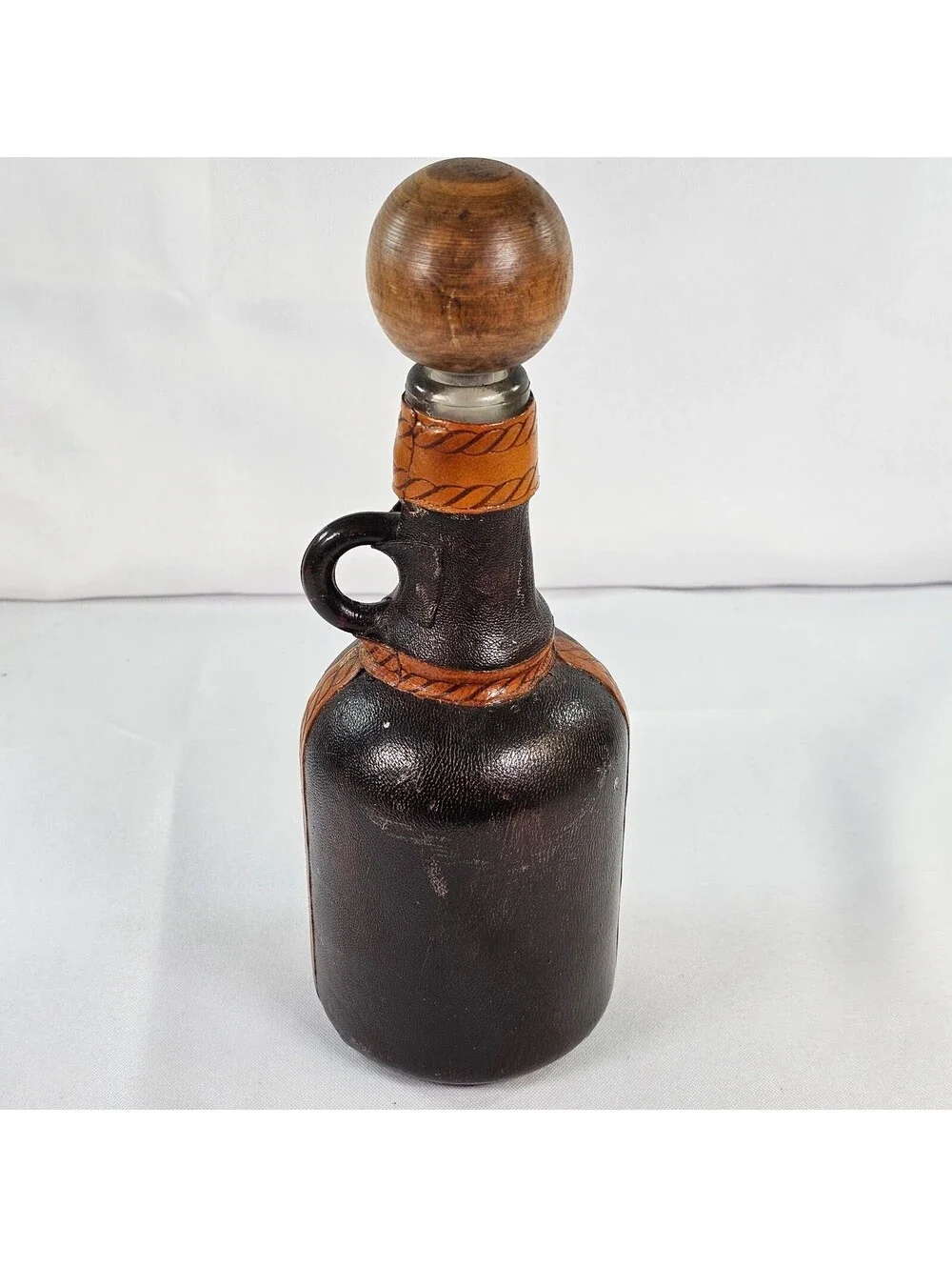 Vintage Italian Leather Wrapped Decanter Bottle Old World Map Wooden Stopper